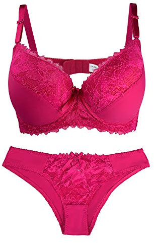 Bra and Panties Set Rose Red Push-Up Underwire Padded Lingerie Set for Plus Size Ladies (46DD, Comfort Lace)