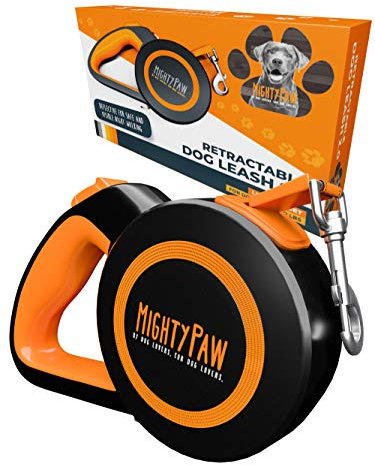 Mighty Paw, einziehbare Hundeleine 2.0, 40,6 cm, robustes, reflektierendes Nylonband für Haustiere von 0–23 kg, verhedderfrei, One-Touch-Schnellverschluss-Bremssystem, rutschfester Griff, Orange/Lite