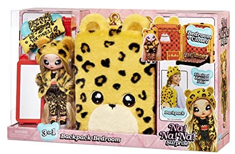 Na! Na! Na! Surprise3-in-1 Rucksack und Schlafzimmer - Spielset mit weicher Modepuppe - JENNEL JAGUAR - Leo Plüschrucksack mit Katzenöhrchen und Schrank mit Kissen & Decke - Für Kinder ab 5 Jahren
