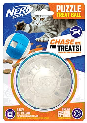 Nerf Cat EXO Puzzle Feeder Ball, 3.5-Inch Treat Dispensing Interactive Toy for Cats, Blue/Clear