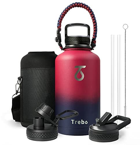 Trebo Metal Bottle with Paracord Handle, Wide Mouth Double Wall Stainless Steel 2L Sports Bottle, Keeps Cold for 48 Hours, Includes 3 Lids, Ruby Red