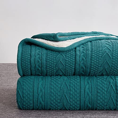 Longhui bedding Acrylic Cable Knit Sherpa Throw Blanket - Thick, Soft, Big, Cozy Lake Blue Knitted Fleece Blankets for Couch, Sofa, Bed - Large 60 x 80 Inches Coverlet All Season