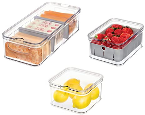 iDesign Crisp Kühlschrank-Organizer-Set aus recyceltem Kunststoff mit Deckel, transparent/grau, 3-teilig