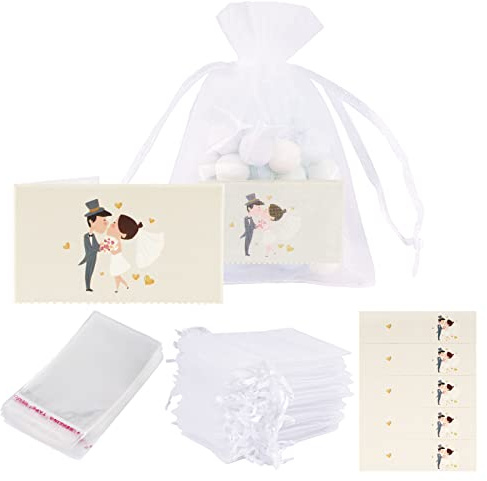 50 Stück Organza Beutel Weiß mit 50 Pcs Mini Hochzeit Karten und 100 Pcs Plastik Tüten Geschenkverpackungen für Hochzeit Gastgeschenke Party Mitbringsel usw.