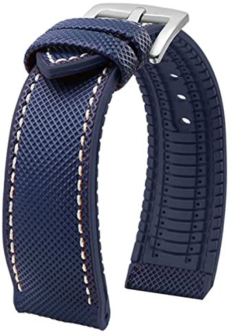 Strapseeker Theo Hybrid Nylon & FKM Gummi Performance Uhrenarmband,Ersatz-Uhrenarmbänder Qualität wasserdicht, blaues Nylon mit Dornschließe Weißer Stich,Blaue FKM Gummi (silberfarbene Dornschließe))