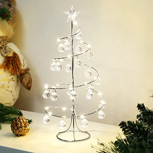 Lewondr Decorazione Natalizia con Luce LED a Forma di Albero di Natale, Ornamento Natalizio Albero di Natale, Alimentazione USB o a Batteria, Decorazione da Tavolo per Capodanno Natale, Argento