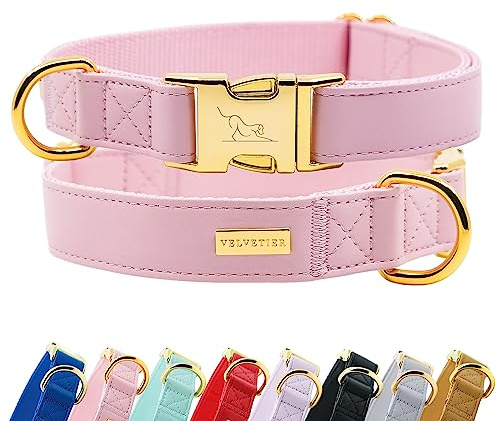 VELVETIER Hundehalsband Rose (Rosa), veganes Leder, M/L 39-59 cm | Für mittlere und große Hunde, goldene Schnalle, veganes Leder, Golden Retriever, Border Collie