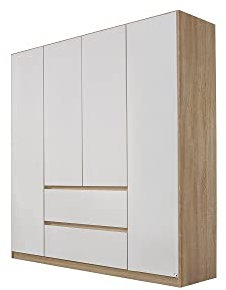 Rauch Möbel Mainz Schrank Kleiderschrank Drehtürenschrank Weiß/Eiche Sonoma, Holz, 4-türig mit 2 Schubladen inkl. Zubehörpaket Basic 3 Einlegeböden, 3 Kleiderstangen, grifflos BxHxT 181x210x54 cm