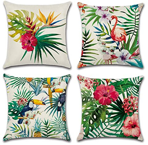 OCEUMACO Linen Cushion Covers 40cm x 40cm Sofa Set of 4 Green Jungle Leaves Throw Pillow Cases 16 x 16 Inches Outdoor Decorative Tropical Floral Birds Pillowcases Cushions Cover - Multicoloured