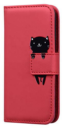 Skyhewen Samsung Galaxy A14 4G Case, 5G PU Leather Flip Wallet Cute Case for Women Girls with [Kickstand] [Magnetic Clasp] [Card Holder] [Animal Pattern] 5G, Red & Cat