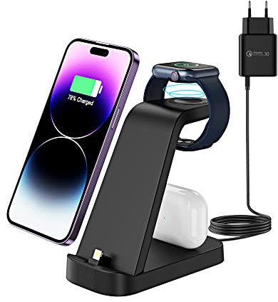 Apetiy 3 in 1 Schnell Ladegerät für Apple Watch Ladestation Ultra 8/7/6/SE/5/4/3/2 Kabelloser Ladeständer, 18W Schnell Tragbarer Ladestation für iPhone 14/13/12/11/XS/XR/8/7, AirPods Serie