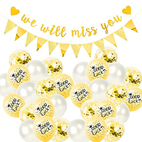 KERANEET 57 Stück Abschieds Party Deko Dreieck Flagge Banner Good luck Luftballons ”we will miss you” Banner Party Ballon Golden Abschied Partydekoration für Rente Party und Abschiedsfeier