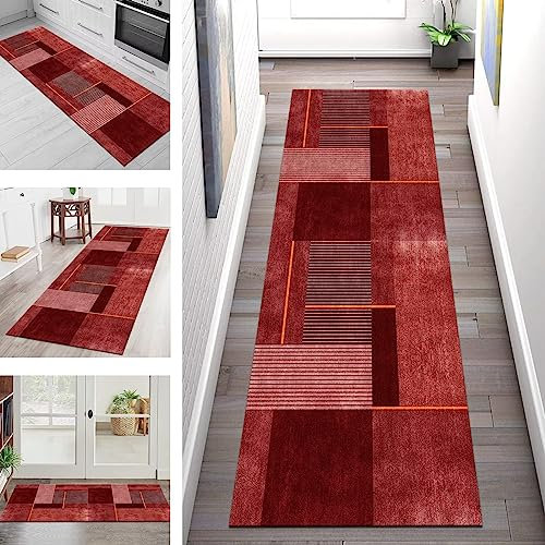 Teppich Läufer Flur Küche rutschfest waschbar Teppichläufer Lang Korridor Tepiche 50X180CM Rot Orange Küchenläufer Bodenmatte Meterware Kücheteppich Schlafzimmer Wohnzimmer Flurmatten Breit 40-120cm