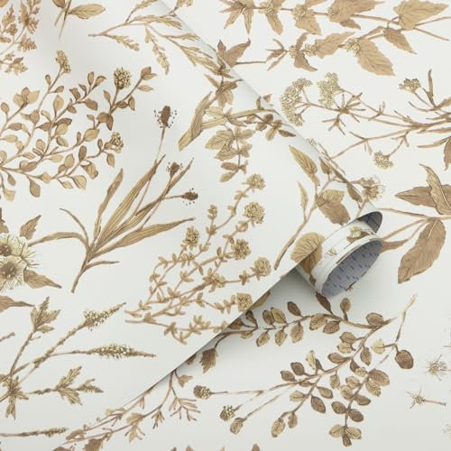 Fiula Selbstklebende Tapete Blumen Weiß Braun Blumentapete 44CMx3M Blätter Klebefolie Wasserdicht Möbelfolie Wandtapete Klebetapete Floral Mehrzwecktapete Abnehmbare für Wohnzimmer Schlafzimmer Küche