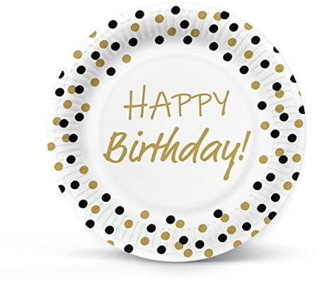 PAW - Platos Desechable para Fiestas (23 cm) | 8 piezas | Impreso con Tintas al Agua | Decoración Fiesta I Color: Birthday Confetti (gold-black)