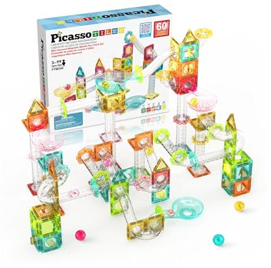 PicassoTiles 60 pc Magnet Tiles Building Block Travel Size Magnetic Marble Run Construction Toy Set Mini Diamond Marble RaceTrack Building Blocks Playset Education STEM Learning Kit Boy Girl 3+ PTMG60