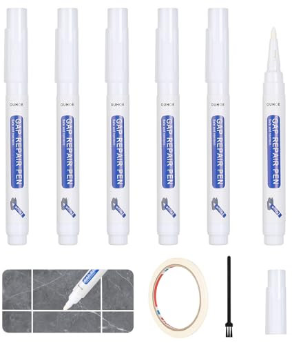Furuising 6 Pezzi Bianco Pennarello per Stucco Piastrelle, 20ml Pennarello per Fughe, Penna Stucco per Piastrelle con Pennello e Nastro Adesivo per Ripristinare Piastrelle Pavimenti Pareti Bagni