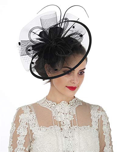 Sinamay Flower Feather Headband Fascinator Wedding Headwear Ladies Race Royal Ascot Pillbox Wedding Cocktail Tea Party Derby Hat for Women(SG-Black