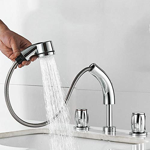 JCAKES Waschbecken Wasserhahn 3-Loch Messing 360 ° drehbar einziehbare Hebe kalt und heiß Badarmaturen for Waschbecken 8 Zoll