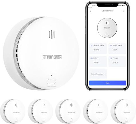 WLAN Rauchmelder,Rauchmelder mit austauschbarer Batterie, Feuermelder kompatibel mit Wisualarm Home Security App, TÜV-Zertifiziert nach EN 14604 (WLAN 5 Stück)
