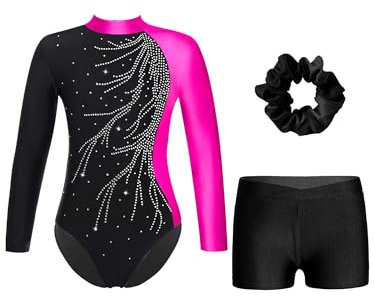 FEESHOW Mädchen Kinder Turnanzug Mit Hose Langarm Turntrikot Gymnastik Body Gymnastik Shorts Und Haargummi Ballett Tanzoutfit Rosa&Schwarz 146-152
