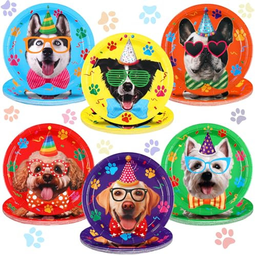 FillTouch 60 Pcs 9 Inch Dog Birthday Party Plates Disposable Dog Theme Decoration Plates Set Tableware for Kids Birthday Party Supplies Dessert Favors