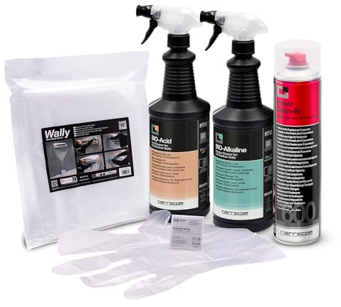 ERRECOM Kit limpieza aire acondicionado, funda protectora Wally y aerosol limpieza unidad interna 600mL, Bio Ácido y Bio Alcalino de 2L con biotensioactivos para limpieza de unidad externa, guantes