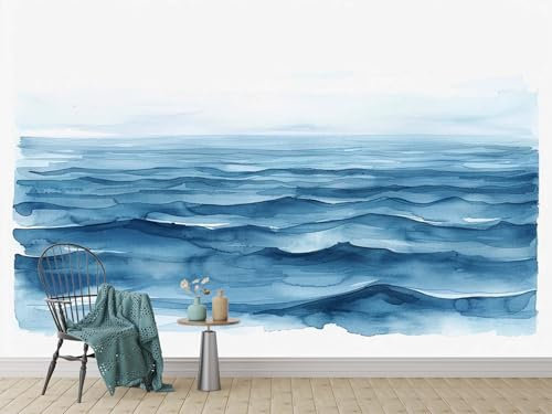 3D Mural Photo Wallpaper Hand Drawn Theme Ocean Waves Blue Backdrop Wall Classic Interior Decor Wallpaper 3D Panel Wall Wall Bathroom Restaurant Hall Living Room Hallway Wall Art 78.74 x 55.11 inch