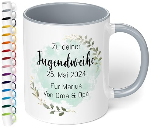 Geschenk zur Jugendweihe Konfirmation für Mädchen & Jungen: Tasse personalisiert „Zu deiner WUNSCHTEXT“ – Blätter-Motiv – Keramik 330ml Kommunion Firmung Taufe (Grau)
