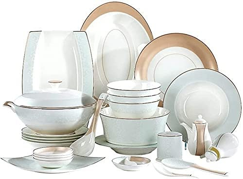 Geschirr-Sets, Geschirr-Set, Porzellan, 50-teilig, Bankett, luxuriöses Geschirr aus Knochenporzellan, Service für 10 Personen, europäischer Retro-Stil