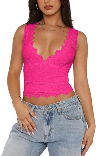 REORIA Damen Sexy V-Ausschnitt Crop Top ärmellos doppelt gefüttert Y2K Ausgehen Tanktop mit Spitze Neon Rose Rot S