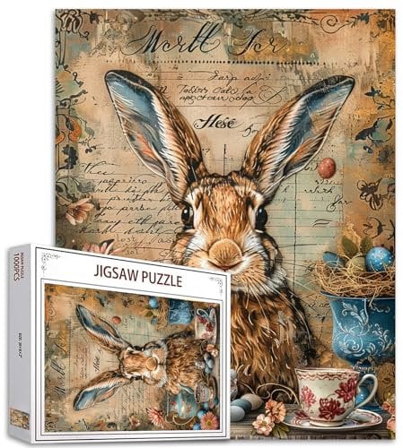 Tucocoo 1000 Piece Jigsaw Puzzles for Adults Vintage Brown Bunny Painting Jigsaw Puzzle Retro Flowers Vase 1000 Pieces Puzzles for Challenging Family Activity Game Coffee Cups DIY Puzzle Wall Decor