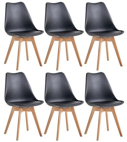 JZGORC Lot de 6 Chaises de Salle à Manger, Chaises de Cuisine Nordiques, Chaises de Bureau avec Pieds en Hêtre Massif pour Chambre à Coucher, Salon, Cuisine – Noir