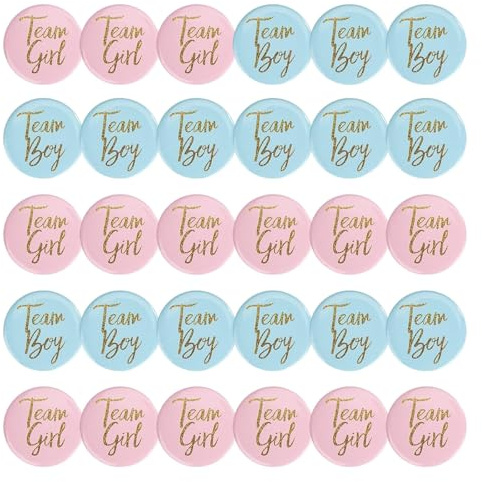 30 Stück Geschlecht Offenbar Button 4.5cm Team Girl und Team Boy Pin Abzeichen Rund Knopf Pins für Baby Shower Party Dekoration Zubehör (Blau und Rosa)