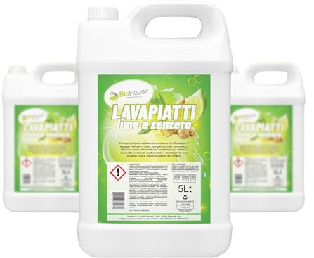 Detersivo Piatti Liquido 5 Litri Professionale Detersivo Piatti a Mano Detergente Mani Igienizzante Rimuove Sporco e Incrostazioni (Lime e Zenzero)