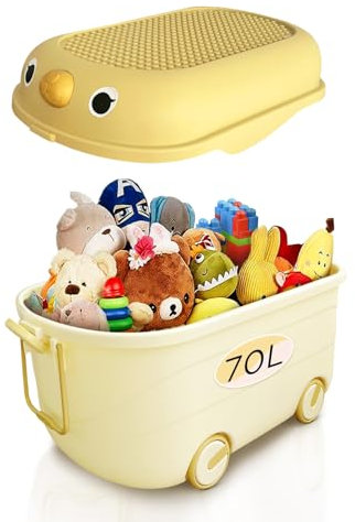 Froppi 70L Toy Box | Toy Storage with Lid | Kids Storage on Wheels | XL Size | Yellow | L64 W42 H36 cm