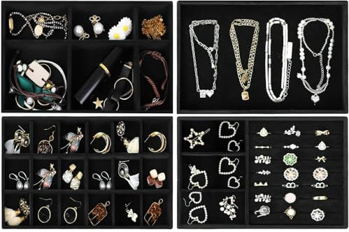 Lighterday Schmuckaufbewahrung Schublade,4 Stuck Schmucktablett,SchmuckkäStchen Schmuck Organizers Samt Stapelbar,Jewelry Organizer für Schmuck,Ohrringe,Armband,Ringe Aufbewahrung (Schwarz)
