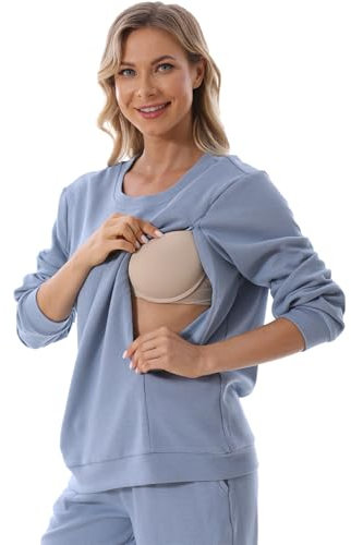 FEOYA Umstandsmode Warm Herbst Winter Damen Pflege Sweatshirt Stillpullover mit Reißverschluss Still Sweatshirt Langarm T-Shirt Bluse Casual Blau M