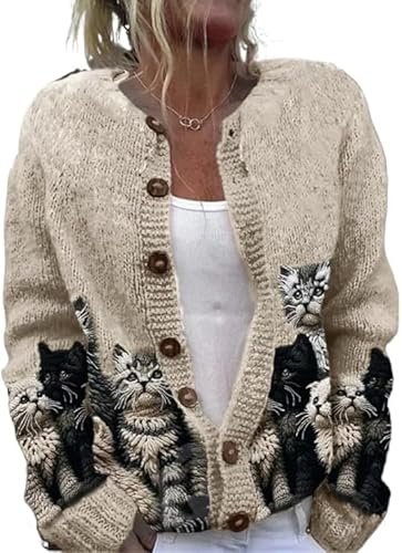heyheyshine Cat Sweater for Women, Y2K Oversized Round Neck Cardigan Button Knit Cute Cardigan