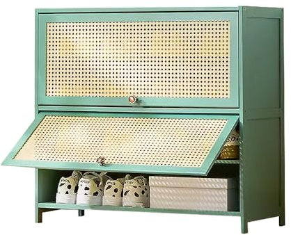Green Shoe Organizer Cabinet with Adjustable Flip up Doors and 9 Tier Shoe Storage Shelves for Closet Hallway Entryway Space Saving Rattan Shoe Cabinet