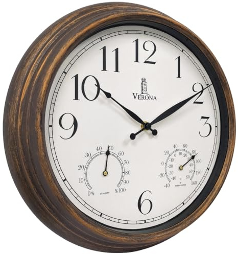 Outdoor Patio Clock - Waterproof Thermometer Combo, 14 Inch, Bronze