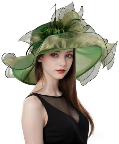 yrsZX Organza-Derby-Hüte für Damen, Hochzeit, Teeparty, Fascinator, Blumenmuster, breite Krempe, Sonnenhut, Style06 Olivgrün, Einheitsgröße