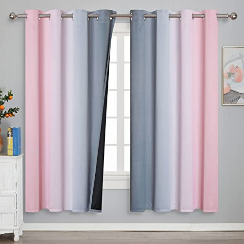 VEHEDE Farbverlauf Ombre Verdunkelung Thermovorhang Kälteschutz Curtains, Verdunklungsvorhänge Wohnzimmer Blickdichte Vorhänge mit Ösen, Raumteiler Vorhang, H 183 x B 132 cm, Rosa und Grau, 2er Set
