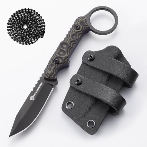 DRACHENADER Cuchillo Táctico SCORPION, Hoja Fija de 5 cm, Acero 5Cr13MoV Full Tang, Mango G10 Antideslizante, con Funda Kydex y Cadena de Bolas (Negro/Verde)