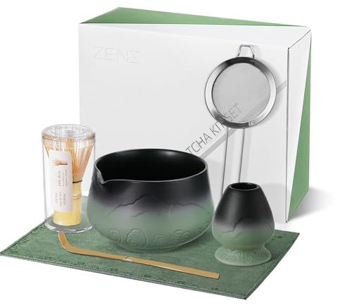 ZENS Matcha Tea Set with Bamboo Whisk, 6pcs Matcha Tea Ceremony Kit Includes Ceramic Bowl & (Chasen Holder), Whisk, Scoop, Sifter and Soft Towel for Matcha Latte, Making Usucha, Sage Green