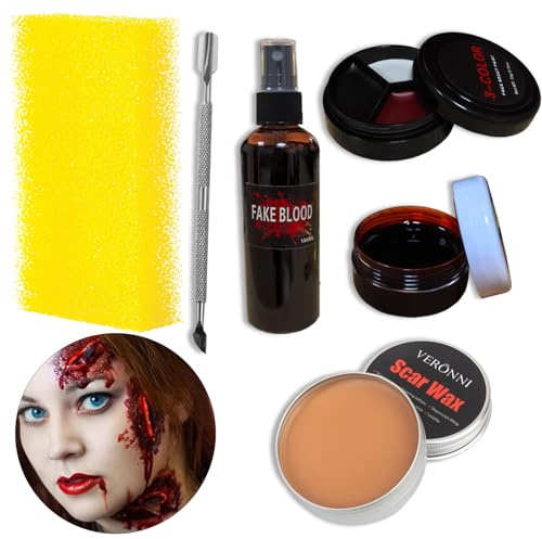 BOOSHMall Halloween Set de Maquillage, Halloween Effets Spéciaux, Faux sang+Eponges+Spatule à Maquillage+Peinture Visage+Cire Fausse Cicatrice, pour Cosplay Halloween Party Supplies