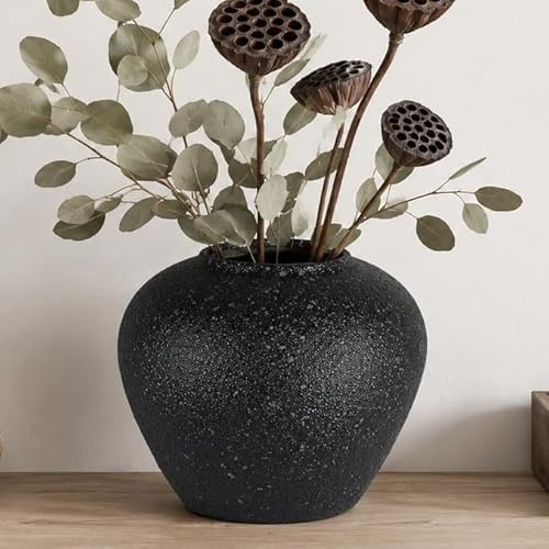 JIDOFUE Schwarze Rustikale Keramikvase für Wohnzimmer,19.5cm Große Vase im Vintage-Stil für Esstisch 7.68 Weißes Grau,Hochzeit und Einweihungsgeschenk