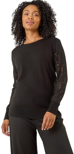 Roman Petite Lace Contrast Knit Jumper for Women UK - Ladies Everyday Autumn Winter Round Neckline Comfy Soft Evening Vacation Work Party Night Out - Petite Black - Size 12