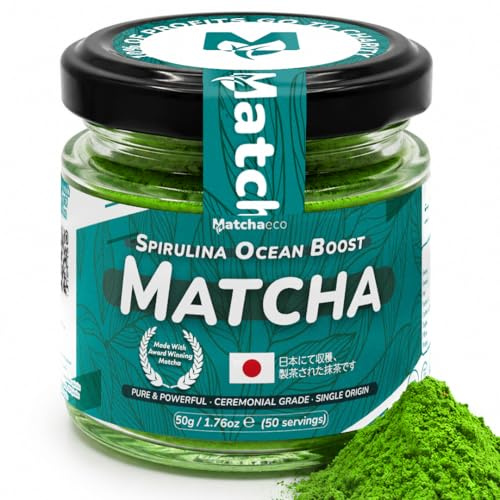 Matchaeco 50g Japanese Spirulina Ocean Boost Matcha Green Tea Powder Flavoured |Authentic Stone Ground Ceremonial Grade From Japan | Vegan Baking, Gift | (50g Spirulina)