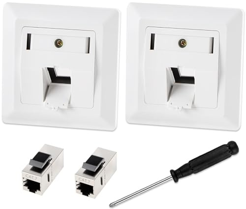 SRunDe 2 Stück Keystone Netzwerkdose Unterputz CAT 7 mit 2 RJ45 Patchkabel | Kupplung Cat 7 LAN Dose 10 Gbit/s STP Netzwerk Steckdose 1 Port Vollgeschirmt Ethernet Unterputzdose Anschlussdose Datendose
